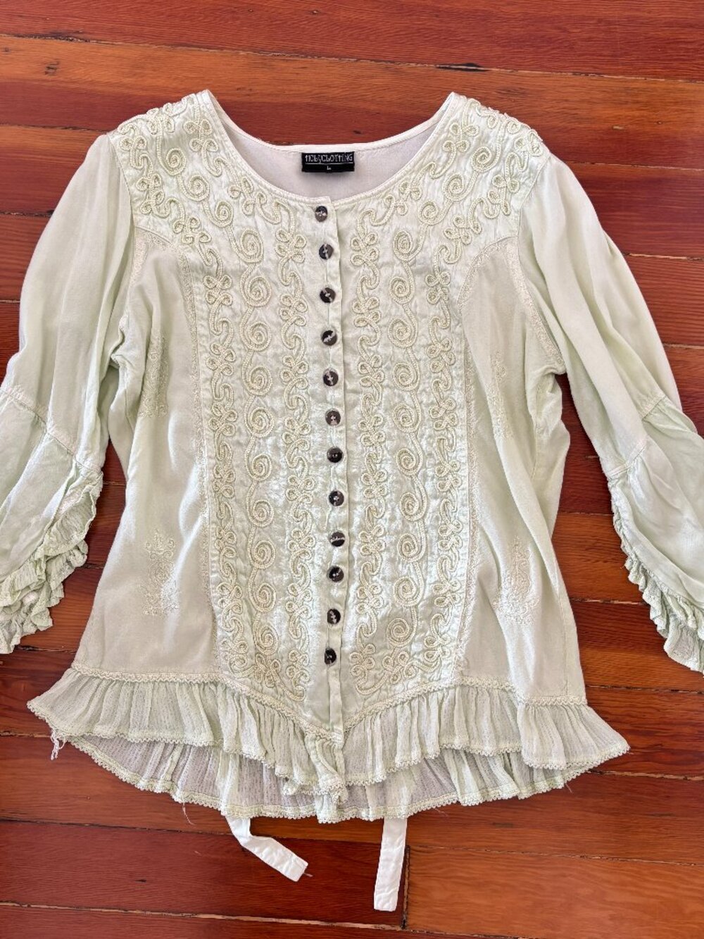 Vintage Boho Gabriette Mint Green Embroidered Ruffle Hem Blouse Holy Clothing L